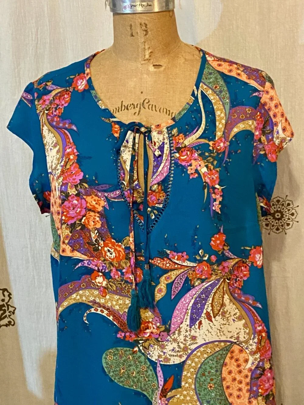 DR2 Paisley Floral Sheer Tunic Top Blue Tassels Feminine Boho Cottagecore L EUC - Picture 3 of 9